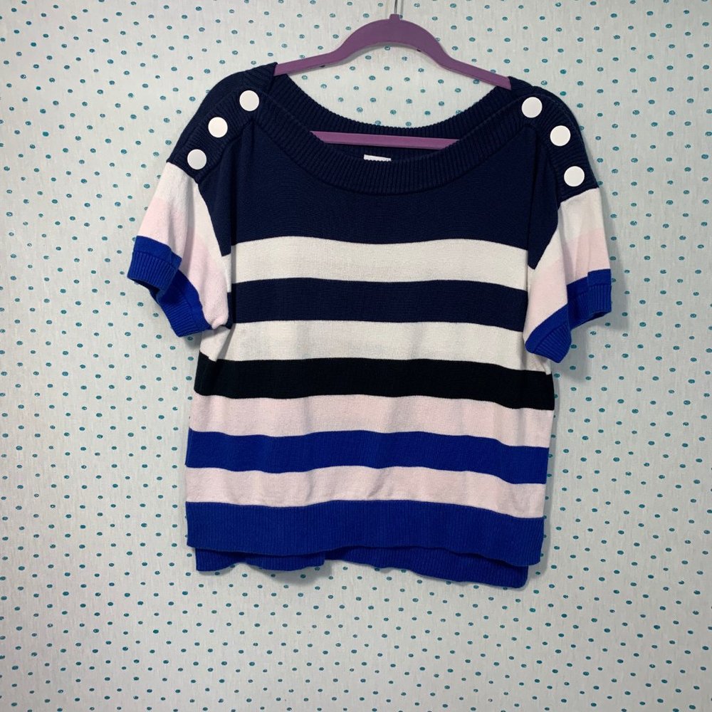 CABI Short Sleeve Navy Striped Sailor Pullover Sweater Style #5448